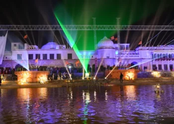 A glimpse of the laser show at 'Ram ki Pedi'