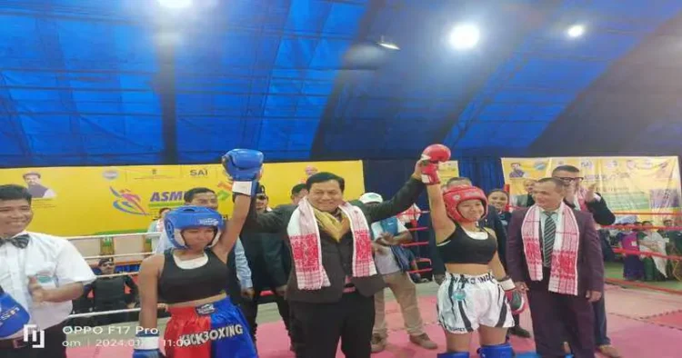 Union Minister Sarbananda Sonowal with the participants at 'Khelo India Women’s Kickboxing League' in Dibrugarh