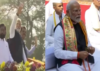 PM Modi's Roadshow in Nashik Maharashtra (Left), PM Modi at Shree Kalaram Mandir (Right)