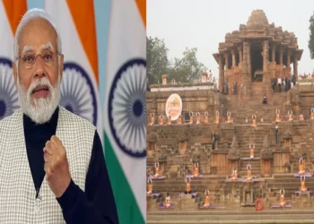PM Modi (Left), Surya Namaskar at Modhera Sun Temple (Right)