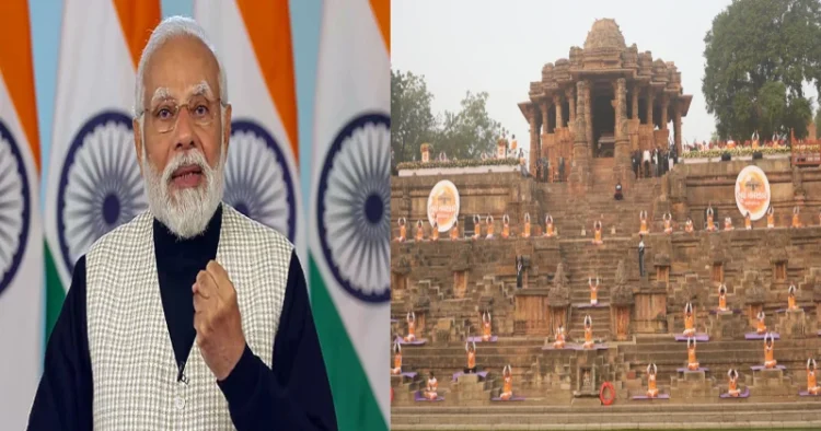 PM Modi (Left), Surya Namaskar at Modhera Sun Temple (Right)