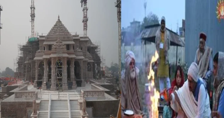 Ram mandir, Ayodhya (Left), Puja being performed at Ram Mandir premises earlier this morning (Right)