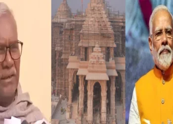 Kameshwar Chaupal, a member of the Ram Janmbhoomi Teertha Kshetra (Left), Ram Mandir (Centre), PM Modi (Right)