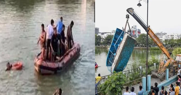 People gather during a rescue and search operation after a boat overturned in a lake, in Vadodara (Source: PTI)
