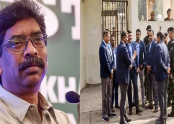 Jharkhand CM Hemant Soren (Left), ED team outside CM Soren's residence (Right)