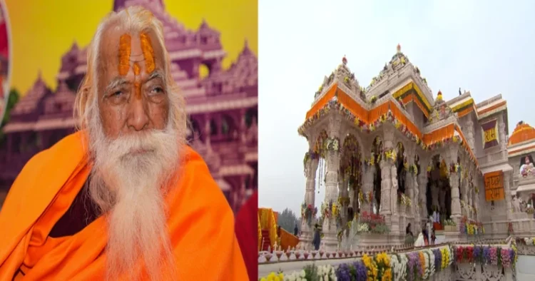 Shri Ram Janmbhoomi Teerth Kshetra head pujari, Acharya Satyendra Das (Left), Ram Mandir (Right)