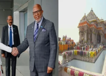 UNGA President Dennis Francis with India's permanent representative to the UN, Ruchira Kamboj (Left), Ayodhya's Ram Mandir (Right)