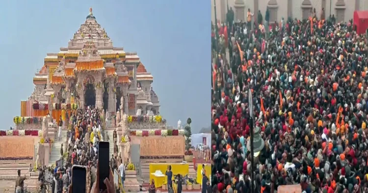 Devotees in massive numbers arrive at the entrance of the Shri Ram Janmabhoomi Mandir in Ayodhya to offer prayers (Source: ANI)