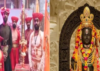 Devotees from Maharashtra with sword dedicated to Bhagwan Ram Lalla (Left), Bhagwan Ram Lalla (Right) (Source: ANI)
