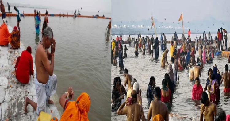 Devotees take holy dip in Triveni Sangam in Prayagraj on the occasion of Paush Purnima