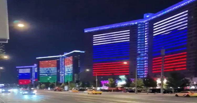 Moscow's Novy Arbat building illuminated with Indian and Russian Flags