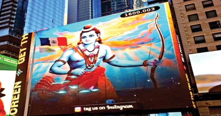 A screen displaying the image of Bhagwan Ram at Times Square on the occasion of Pran Pratishtha ceremony of Ayodhya’s Ram Mandir, in New York, USA