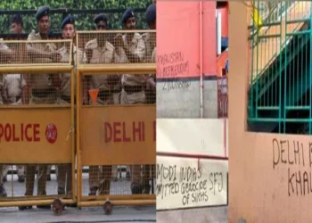 Delhi Police (Left), Pro-Khalistani Graffiti (Right)