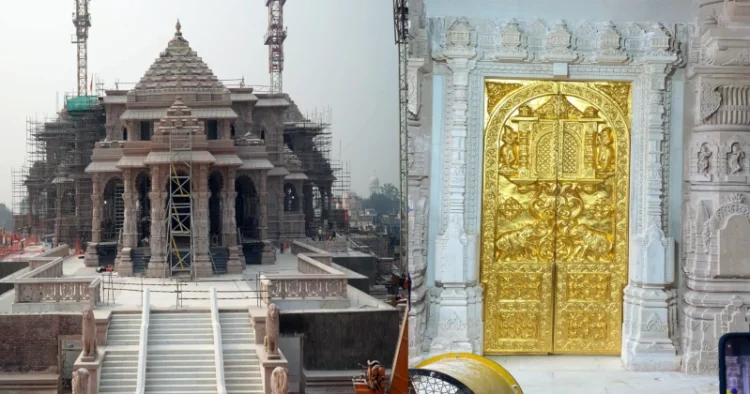 Ayodhya Ram Mandir under construction (Left), First golden door installed inside Ram Mandir (Right)