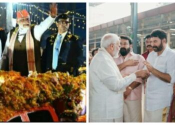 PM Modi's road show in Ernakulam (Left) and PM presents Akshat to Mohanlal and Mammootty(Right)