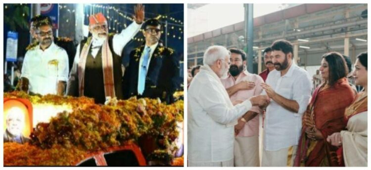 PM Modi's road show in Ernakulam (Left) and PM presents Akshat to Mohanlal and Mammootty(Right)