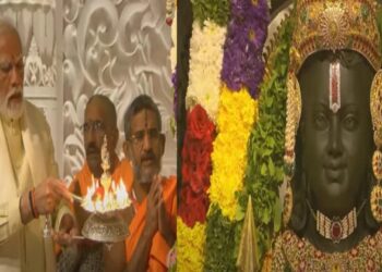 (Left) PM Narendra Modi performs Aarti (Right) Murti of Ram Lalla