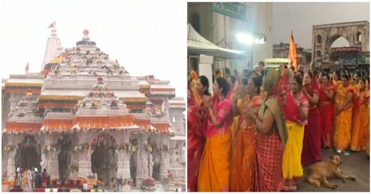 Ayodhya Ram Mandir (Left) and Women chant 'Ram Bhajan' at Hyderabad's Bhagyalaxmi Mandir (Right)
 