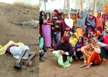 Sadram lying after his murder (L) and his family and the villagers on the murder site (R) (Image: Organiser)