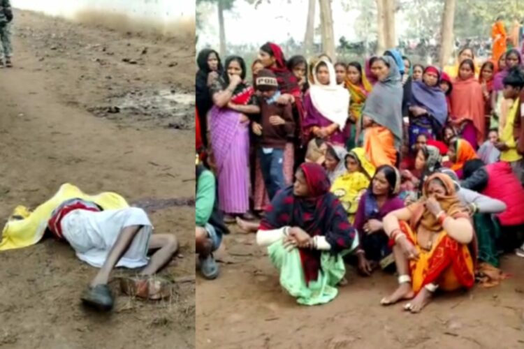 Sadram lying after his murder (L) and his family and the villagers on the murder site (R) (Image: Organiser)
