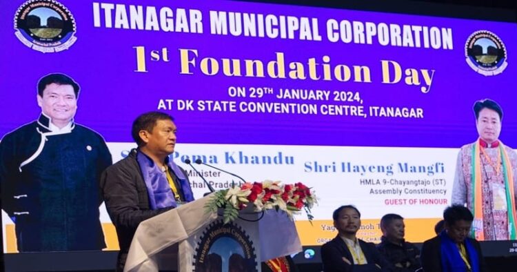 Arunachal CM Pema Khandu addressing during the first Foundation Day celebration of the Itanagar Municipal Corporation 