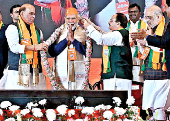 PM Modi being garlanded by Defence Minister Rajnath Singh, BJP President JP Nadda and Union Home Minister Amit Shah during the BJP two-day National Convention at Bharat Mandapam in
New Delhi