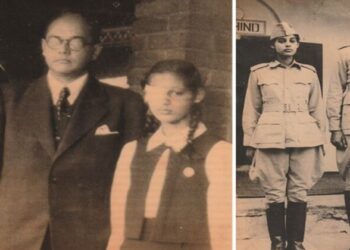 (Left) Asha and her mother, Sati Sen, with Subhas Chandra Bose; Asha and her father, Anand Mohan Sahay, in INA uniform | Courtesy Harper Collins