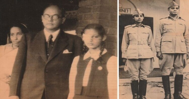(Left) Asha and her mother, Sati Sen, with Subhas Chandra Bose; Asha and her father, Anand Mohan Sahay, in INA uniform | Courtesy Harper Collins