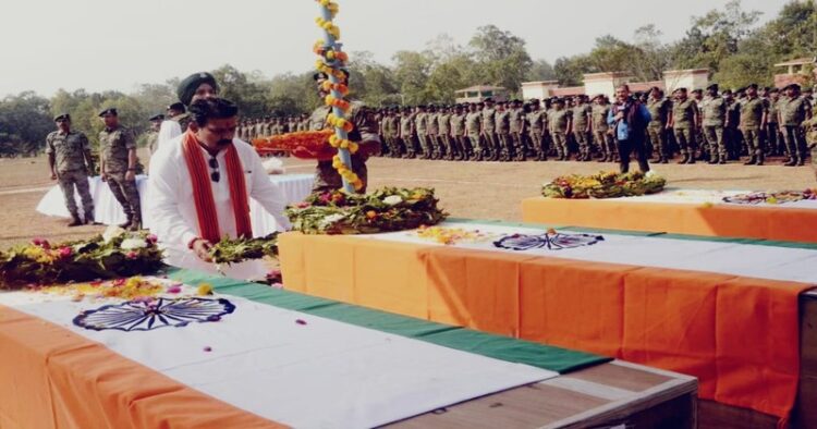 Chhattisgarh's Deputy CM Vijay Sharma laying wreath to the martyred personnel at Aranpur Camp, Image Source X