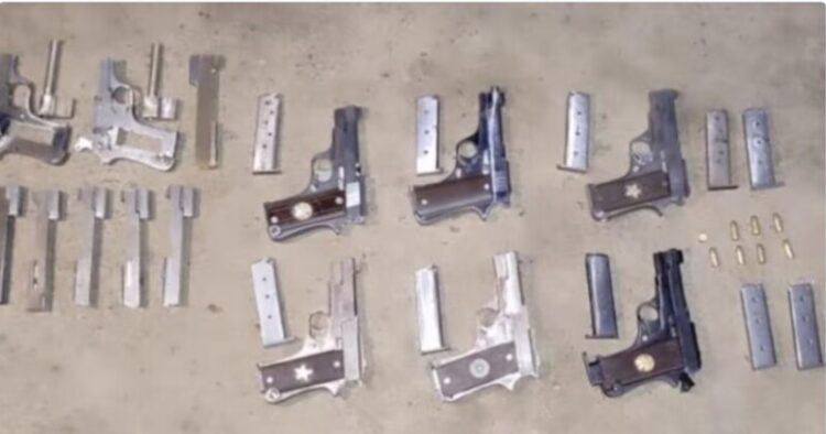 Six improvised 7.65 mm pistols, seven cartridges and other equipment used for manufacturing the firearms were seized by the police. (Picture: India Today)