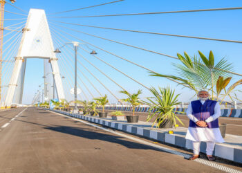 Prime Minister Narendra Modi during the inauguration of Sudarshan Setu, country’s longest cable-stayed bridge of around 2.32 km, connecting Okha mainland and Beyt Dwarka, in Devbhumi Dwarka on Sunday. (ANI Photo)