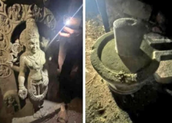 (Left) Murti of Bhagwan Vishnu (Right) Shivling discovered from Krishna river in Raichur