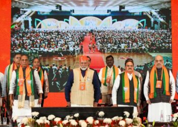 Prime Minister Narendra Modi, Home Minister Amit Shah, Defense Minister Rajnath Singh and the party president, JP Nadda at BJP's National Convention 2024 (Image Source: The Week)
