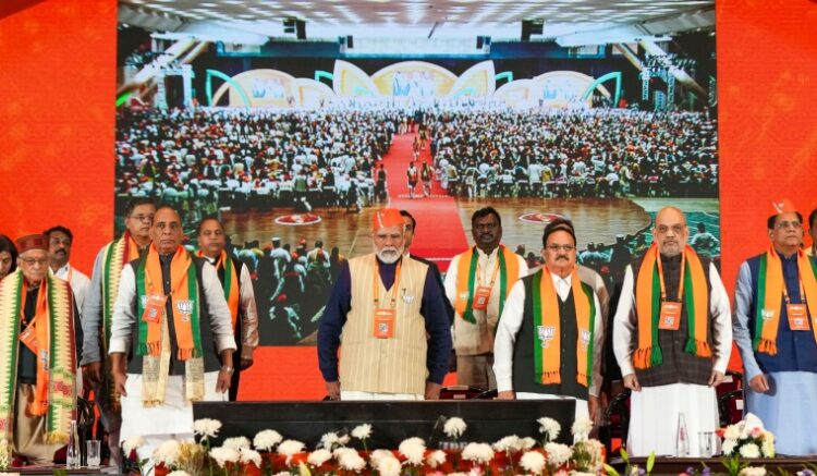 Prime Minister Narendra Modi, Home Minister Amit Shah, Defense Minister Rajnath Singh and the party president, JP Nadda at BJP's National Convention 2024 (Image Source: The Week)
