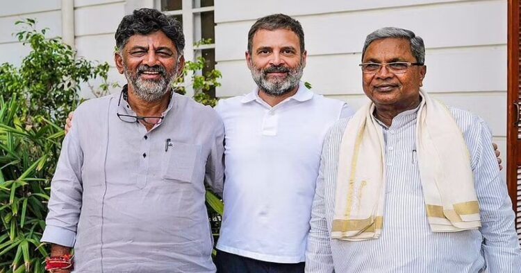 (Left) Karnataka Deputy CM DK Shivakumar (Centre) Congress Leader Rahul Gandhi  (Right) Karnataka CM Siddaramaiah