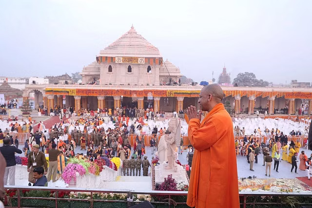 Chief Minister of Uttar Pradesh, Yogi Adityanath at Ram Mandir in Ayodhya on the Pran Pratishtha Ceremony (Image: SwarajyaMag)