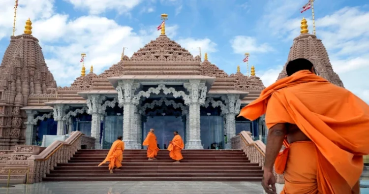 Hindu monks arrive at the first stone-built BAPS Hindu Mandir in Abu Dhabi, UAE (Source: PTI)