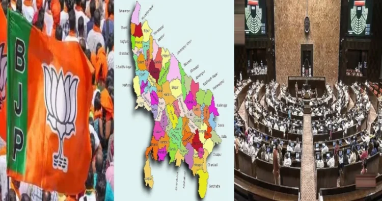 BJP Flag (Left), Uttar Pradesh Map (Centre), Rajya Sabha (Right)