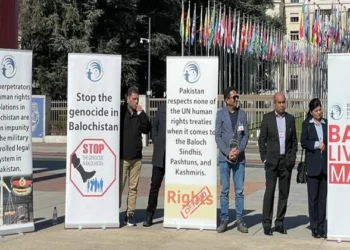 People hold protest in Geneva over human rights situation in Balochistan