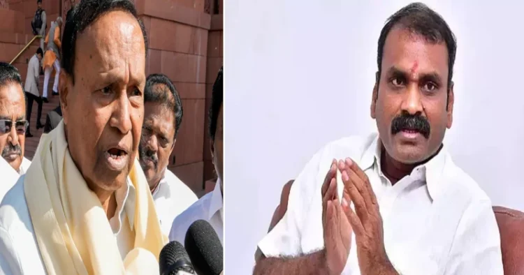 DMK MP T R Baalu (Left), MoS (Tamil Nadu) and BJP MP L Murugan (Right)