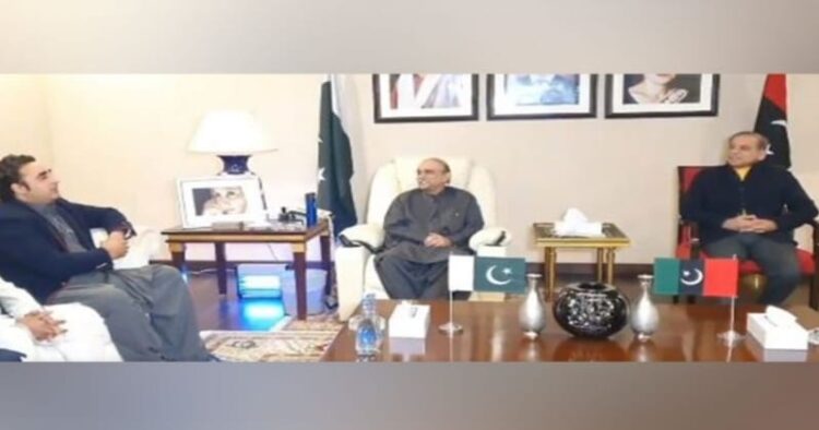 PPP chairman Bilawal Bhutto-Zardari, PPP President Asif Ali Zardari and Pakistan Muslim League-Nawaz President Shehbaz Sharif 