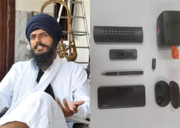 Arrested pro-Khalistani leader Amritpal Singh and the gadgets recovered from his cell in Assam (Image Source: X)