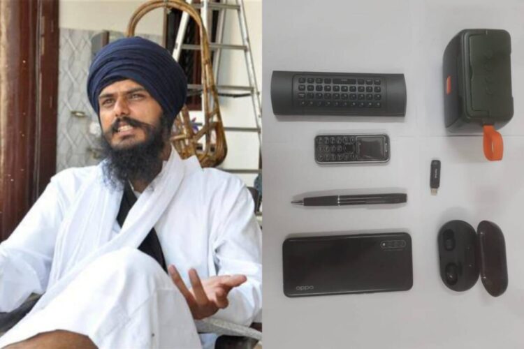 Arrested pro-Khalistani leader Amritpal Singh and the gadgets recovered from his cell in Assam (Image Source: X)