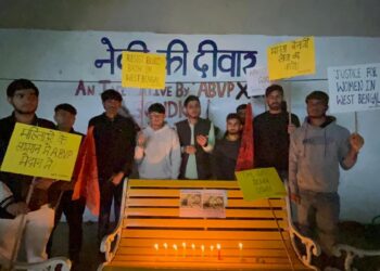 ABVP students organised candle march demanding action against TMC goons who raped women in Sandeshkhali (Image: Organiser)