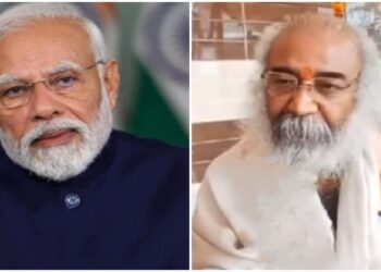 Prime Minister Narendra Modi  and Chairman of Shri Kalki Dham Nirman Trust, Acharya Pramod Krishnam