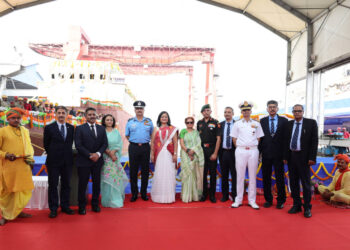 Centre: Air Chief Marshal VR Chaudhari, Spouse Neeta Chaudhari at GRSE Shipyard, Kolkata with officials