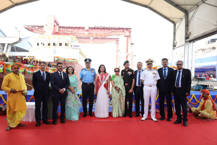 Centre: Air Chief Marshal VR Chaudhari, Spouse Neeta Chaudhari at GRSE Shipyard, Kolkata with officials