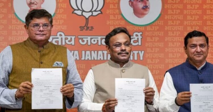 BJP leaders Baijayant Jay Panda, Vinod Tawde and Anil Baluni during the announcement of first list of candidates for the upcoming Lok Sabha elections at a press conference