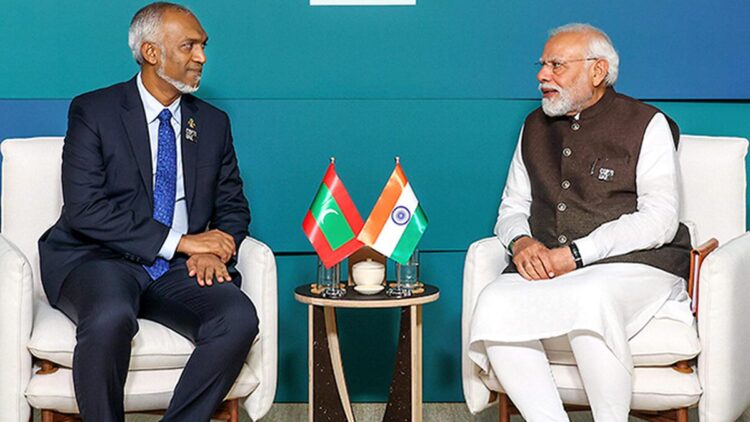 Left: Maldives President Mohamed Muizzu, Right: PM Narendra Modi (India)