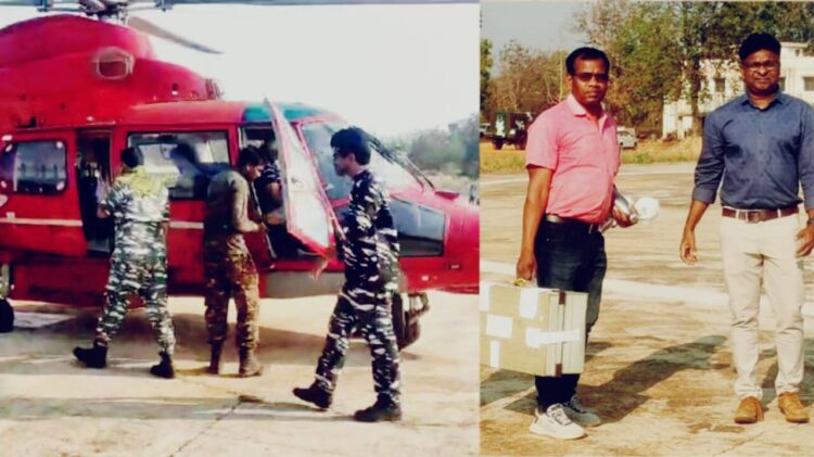 Left- Security Forces collecting question papers from the chopper landed in Jagargunda, right- officials with question papers at Jagargunda helipad